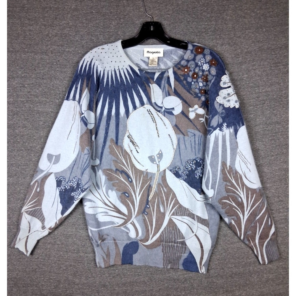 VTG Magnolia Womens Sweater Medium‎ Blue Floral Mohair Lambswool Embroidered